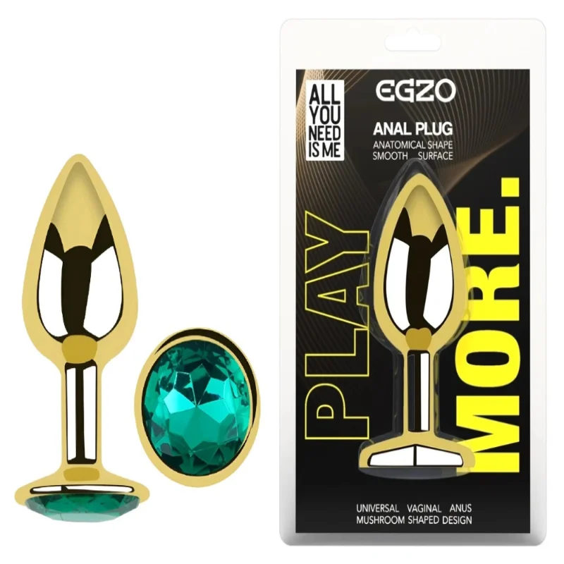 Анальная пробка EGZO Gold Round Plug S с зеленым кристаллом, гладкая металлическая основа