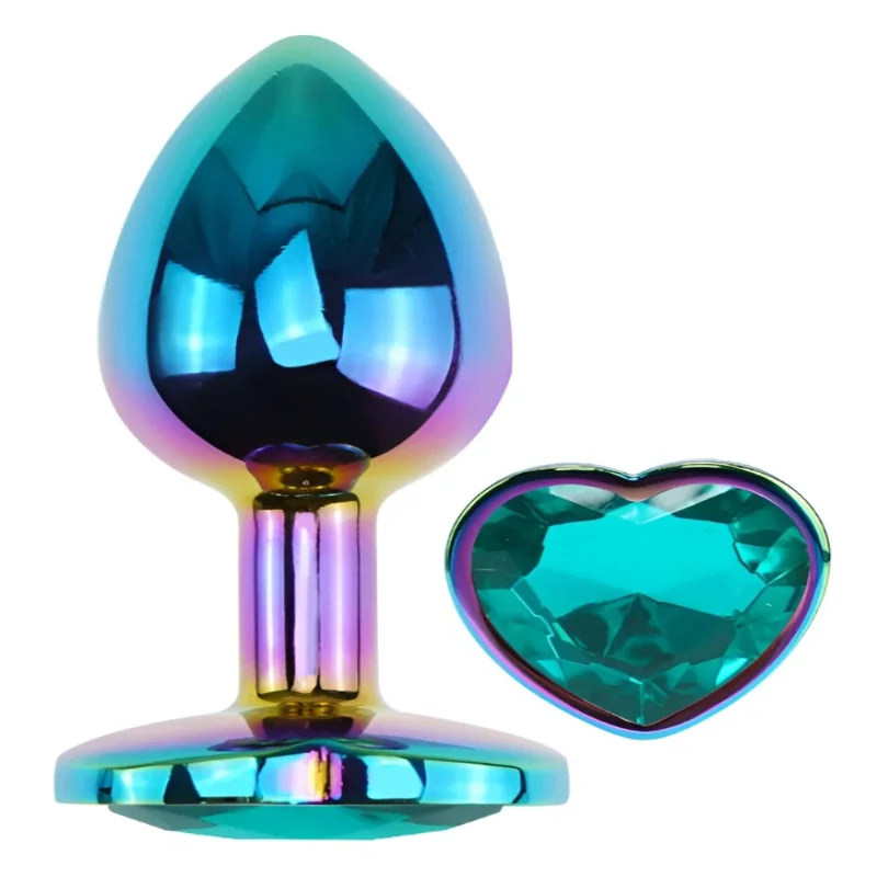 Анальная пробка Egzo Multicolor Heart Plug S с бирюзовым кристаллом и стальным корпусом