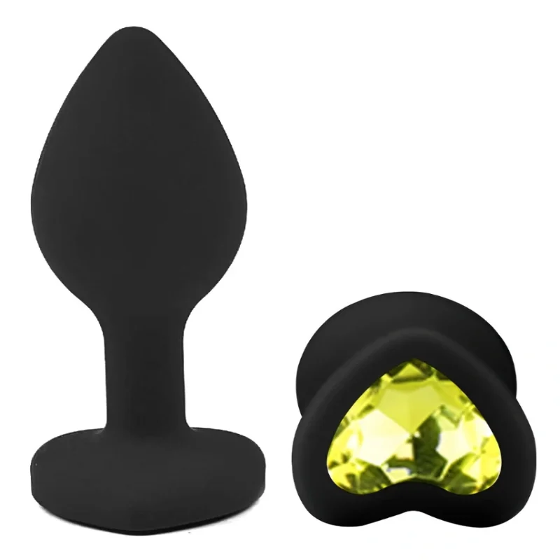 Анальная пробка EGZO Silicone Heart Plug S, черный силикон, лаймовый кристалл в форме сердца
