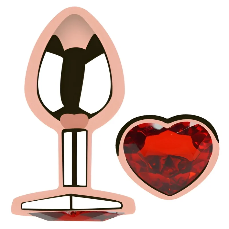 Анальная пробка EGZO Rose Gold Heart M, стальная с красным кристаллом, розовое золото