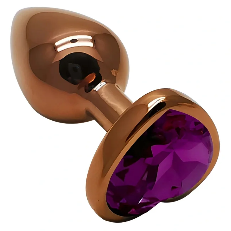 Анальная пробка EGZO Dark Gold Heart Plug Purple S, металлическая с фиолетовым кристаллом