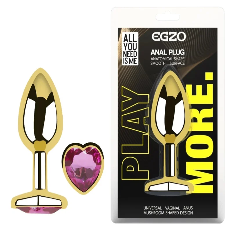 Анальная пробка Egzo Gold Heart Plug Rose S с розовым кристаллом и золотой базой