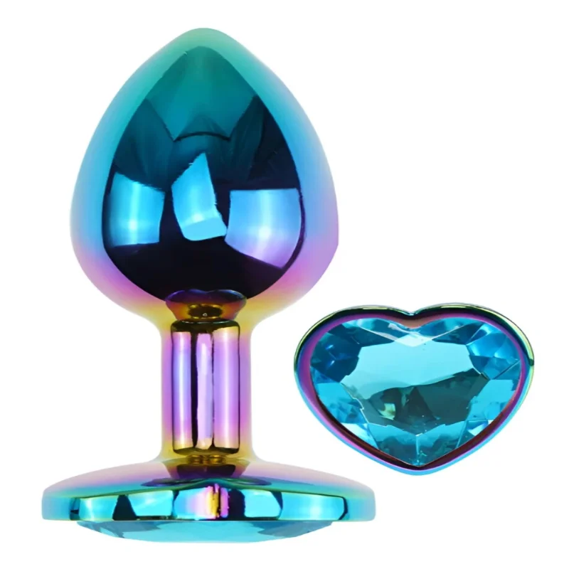 Анальная пробка EGZO Multicolor Heart Plug S с голубым кристаллом, металлическая
