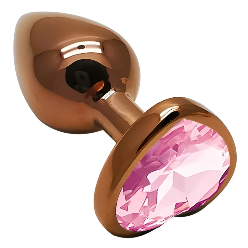 Анальная пробка EGZO Dark Gold Heart Plug Pink S с розовым кристаллом, металлическая