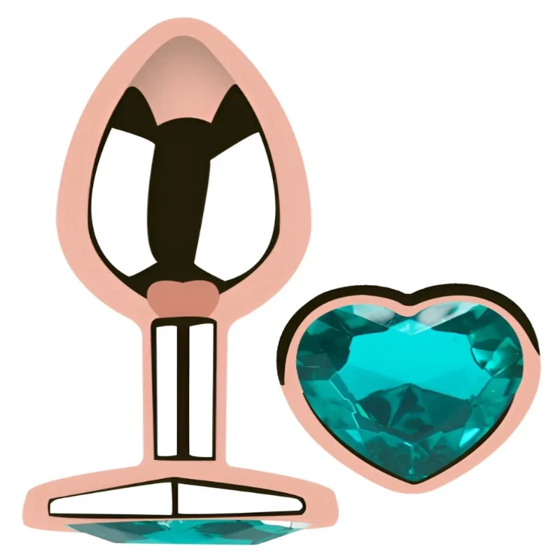 Анальная пробка EGZO Rose Gold Heart Plug S с бирюзовым кристаллом, металлическая