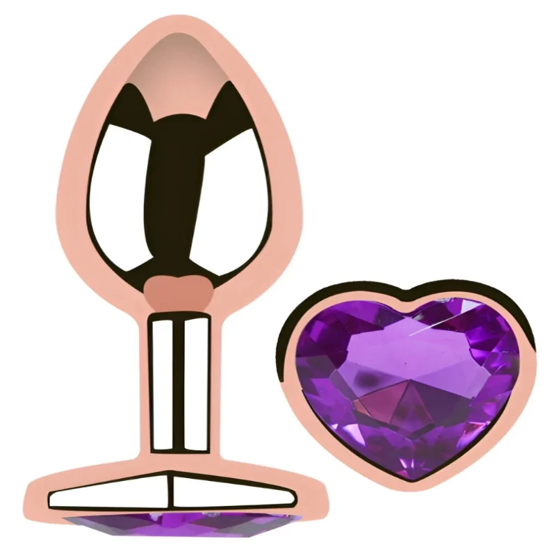 Анальная пробка EGZO Rose Gold Heart с фиолетовым кристаллом, металлическая, размер M