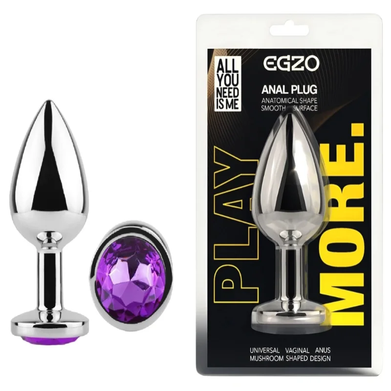 Анальная пробка EGZO Silver Round Plug S из медицинской стали с фиолетовым кристаллом