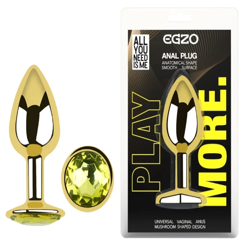 Анальная пробка EGZO Gold с лаймовым кристаллом, металлическая, анатомическая, размер S