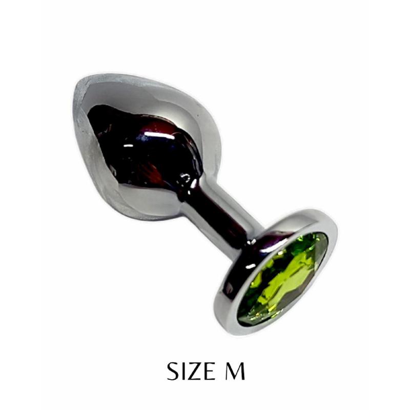 Металлическая анальная пробка Silver, light green crystal размер М