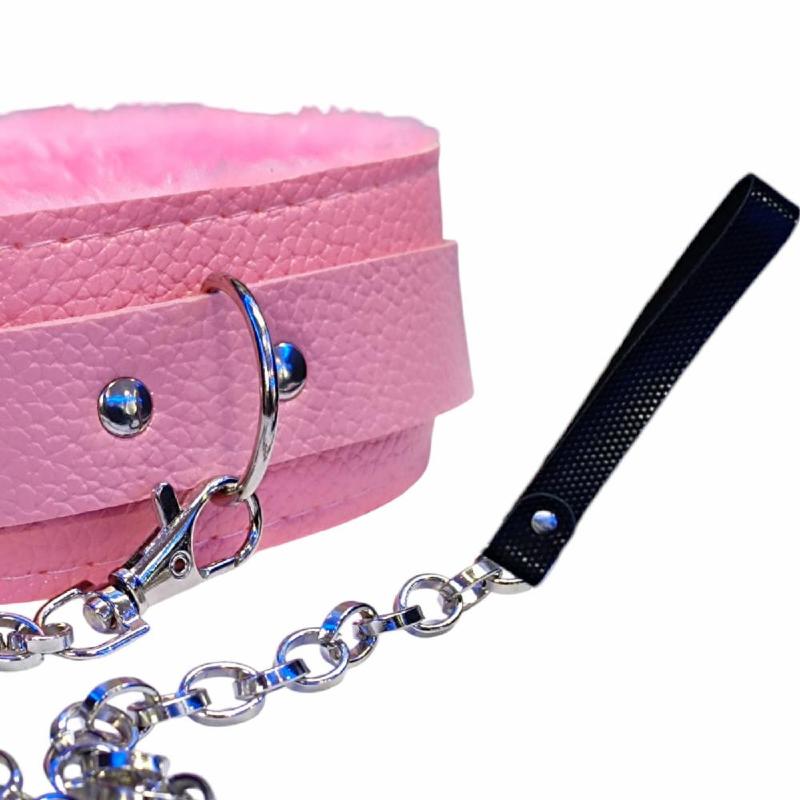 Мягкий розовый ошейник "Love leash" с цепочкой-поводком и удобным черным держателем  Экокожа-металл