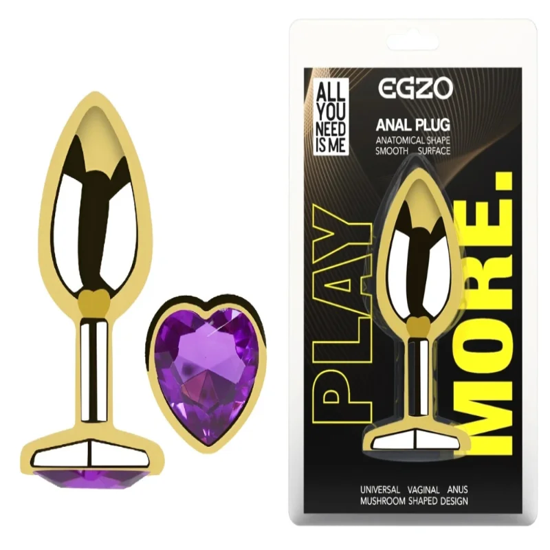 Анальная пробка Egzo Gold Heart с фиолетовым кристаллом и сердцем, размер M