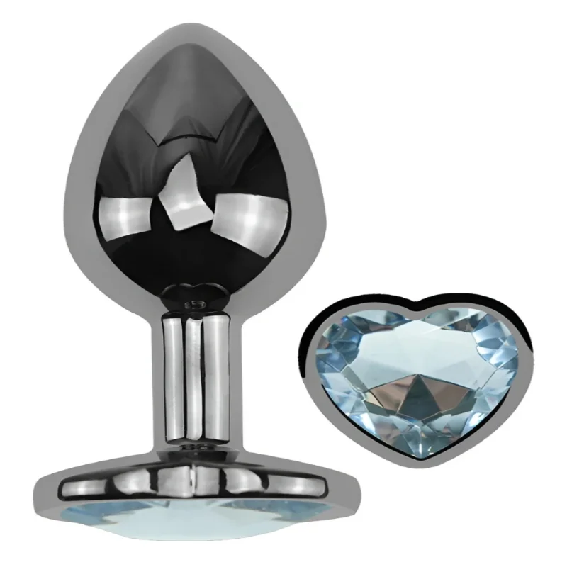 Анальная пробка EGZO Dark Silver Heart с кристаллом, анатомическая металлическая, размер M