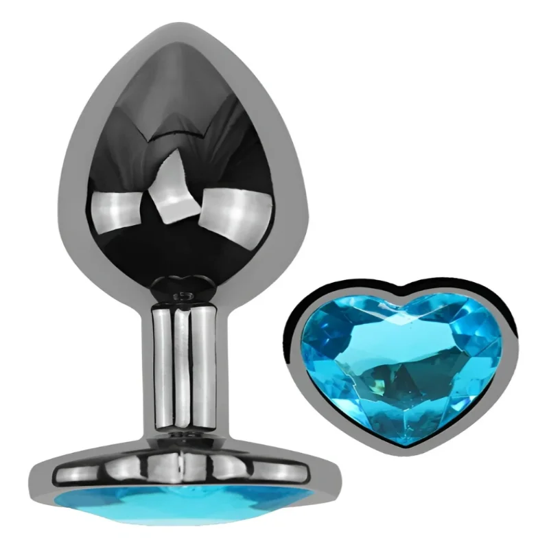 Анальная пробка EGZO Dark Silver Heart Plug Aqua M с кристаллом из медицинской стали