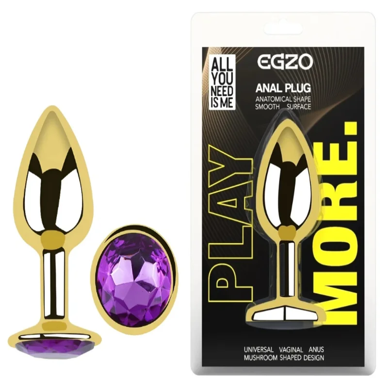 Анальная пробка EGZO Gold Round Plug Purple S, металлическая с фиолетовым кристаллом