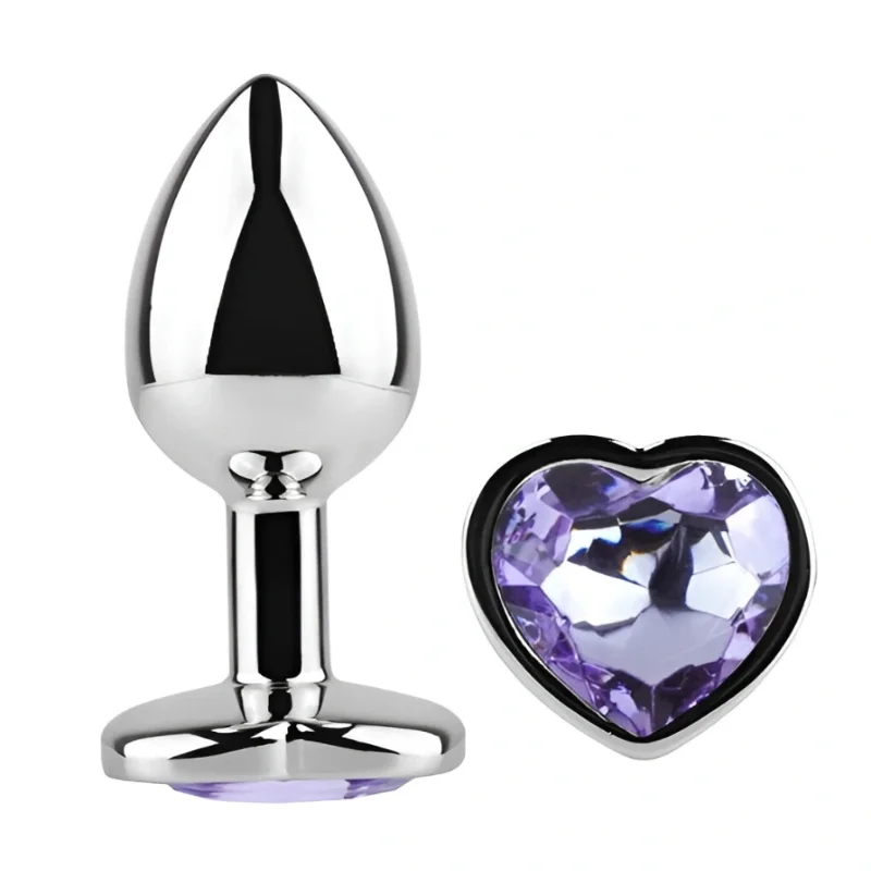 Анальная пробка EGZO Silver Heart Plug Amethyst M, серебристая, с фиолетовым аметистом