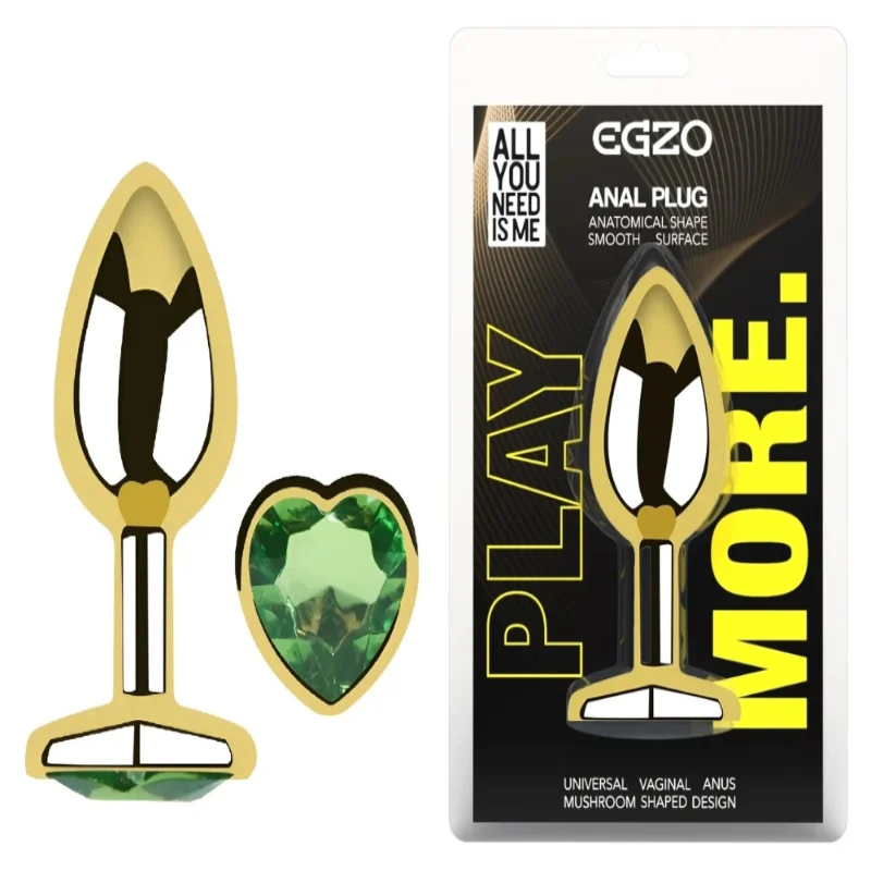 Анальная пробка Egzo Gold Heart Plug с зеленым кристаллом, золотая, размер M