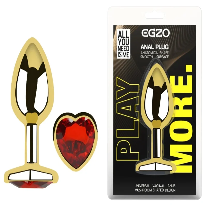 Анальная пробка EGZO Gold Heart Plug M с красным кристаллом, металл, 82 мм