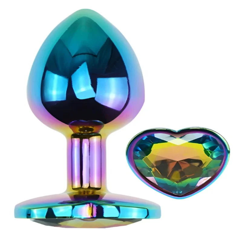 Анальная пробка EGZO Multicolor Heart Plug, радужный металлический плаг с кристаллом, размер M