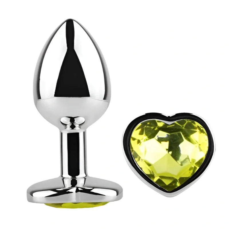 Анальная пробка EGZO Silver Heart Plug M с лаймовым кристаллом, медицинская сталь