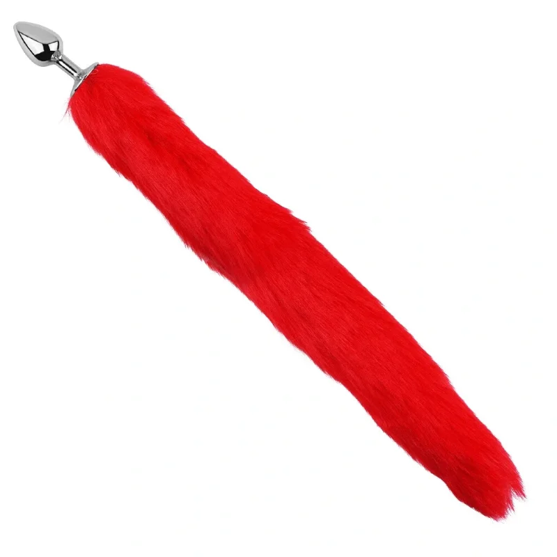 Анальная пробка EGZO Fox Tail Silver Plug S Red, металлическая, с красным меховым хвостом