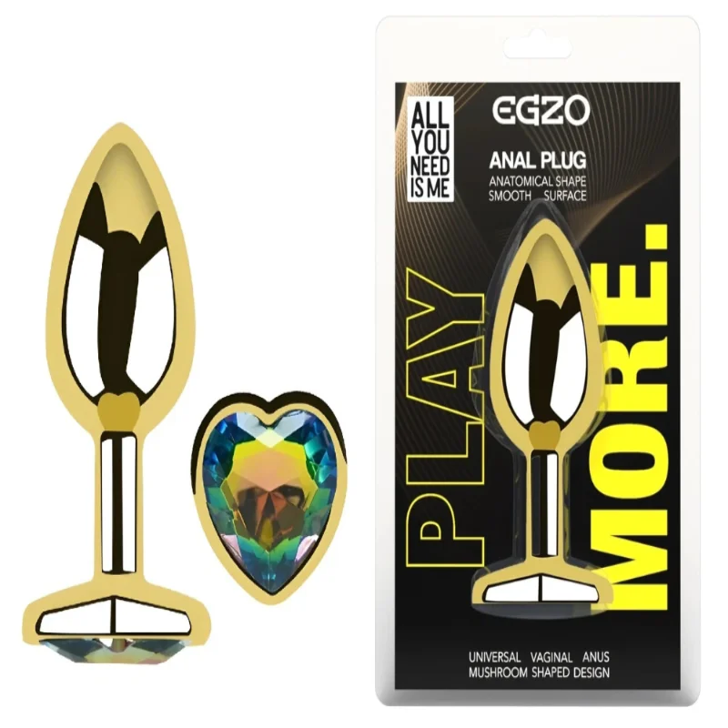 Анальная пробка EGZO Gold Heart Plug Rainbow M с радужным кристаллом для фистинга