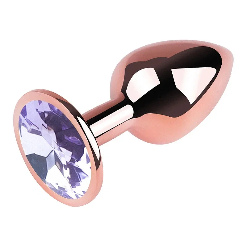 Анальная пробка EGZO Rose Gold с аметистом, анатомическая форма, нержавеющая сталь, размер M