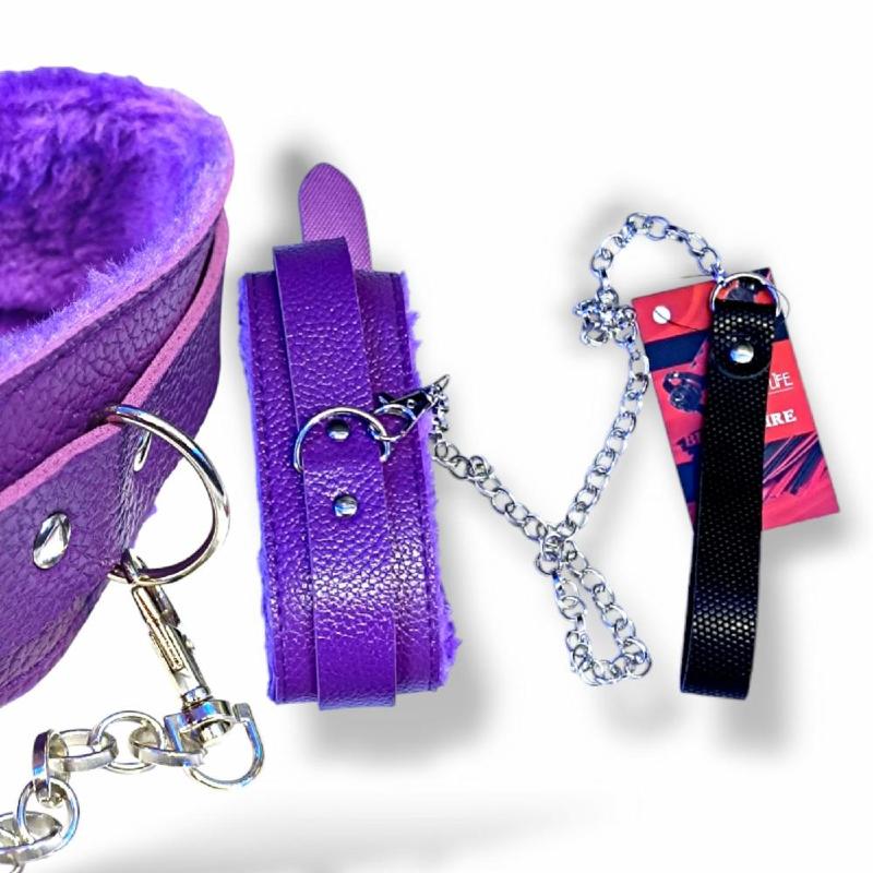 Мягкий фиолетовый ошейник "Love leash" с цепочкой-поводком и удобным черным держателем  Экокожа-металл