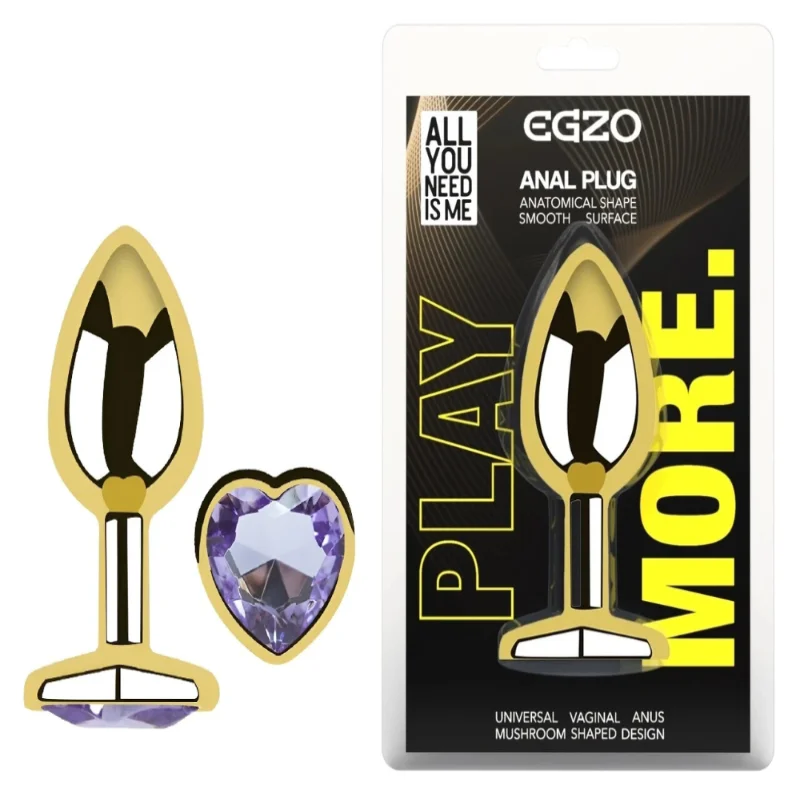 Анальная пробка Egzo Gold Heart Plug Amethyst S с кристаллом, золотой металл