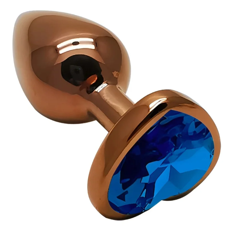 Анальная пробка EGZO Dark Gold Heart Plug S с синим кристаллом, металлическая