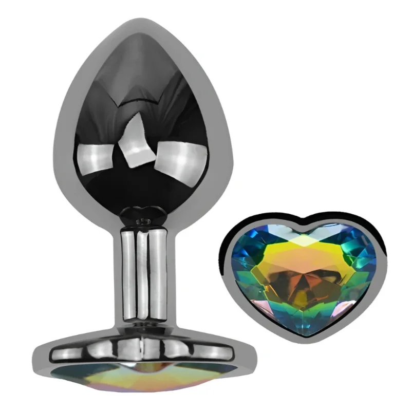 Анальная пробка EGZO Dark Silver Heart Plug S с радужным кристаллом и гладкой поверхностью