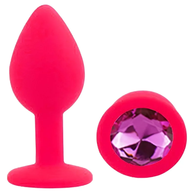 Анальная пробка EGZO Silicone Pink S, розовая силиконовая с кристаллом Aqua, гладкая