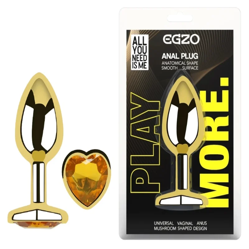 Анальная пробка Egzo Gold Heart Plug S с кристаллом и сердечком для длительного ношения