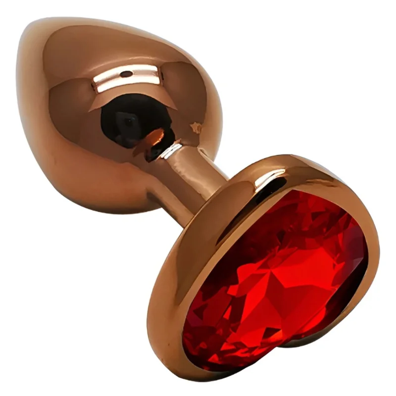 Анальная пробка EGZO Dark Gold Heart Plug S с красным кристаллом, металлическая