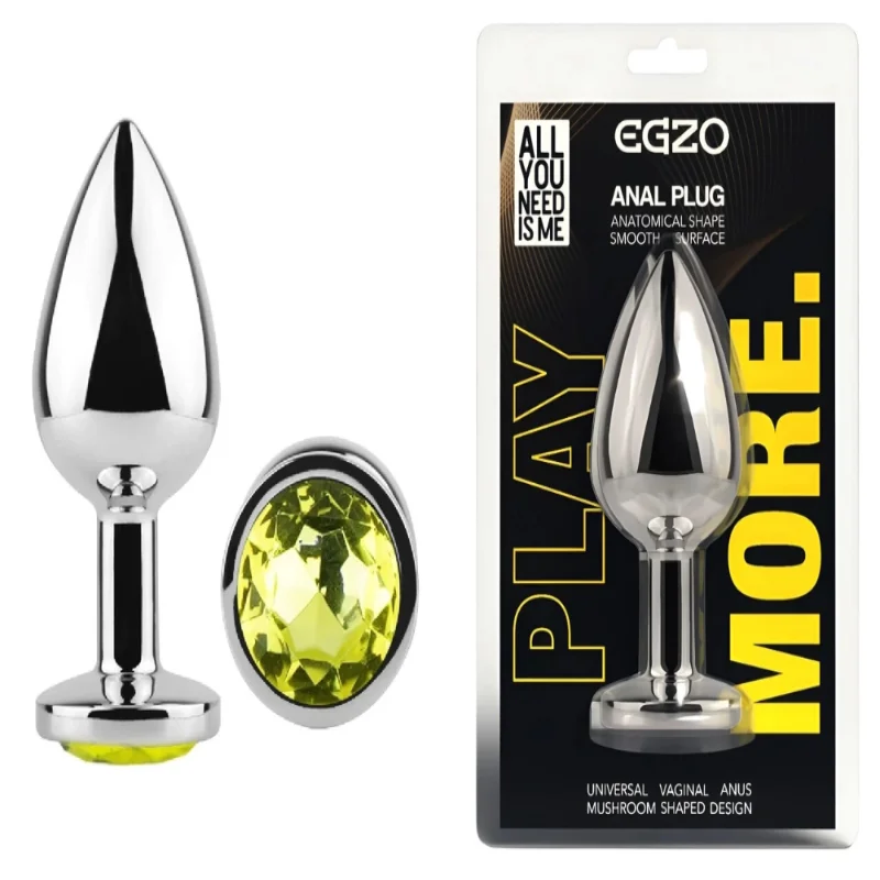 Анальная пробка с кристаллом EGZO Silver Round Plug Lime, серебристая, размер M