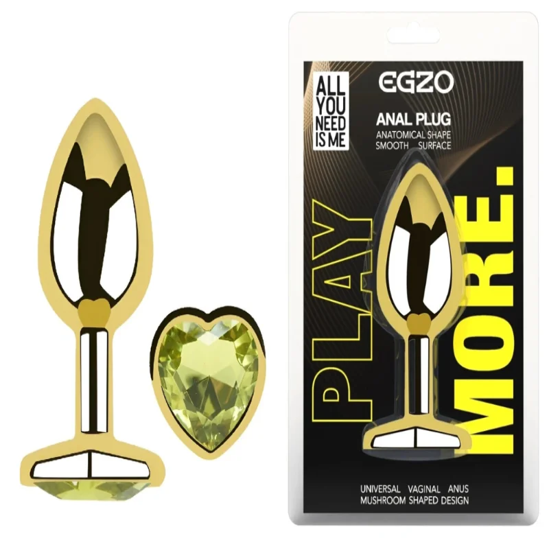 Анальная пробка EGZO Gold Heart Plug Lime M с кристаллом и сердцевидным основанием