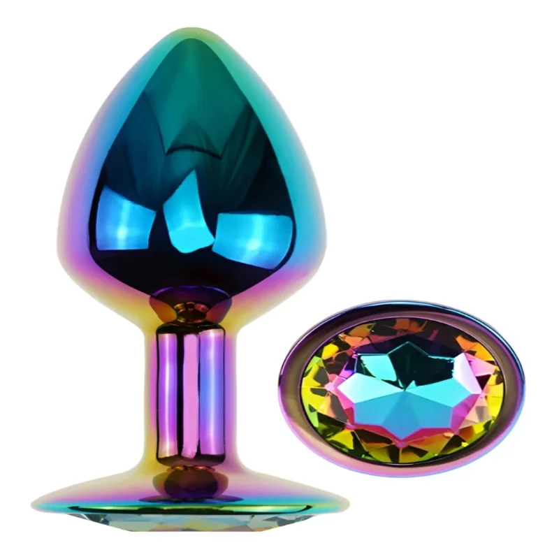 Анальная пробка EGZO MMR-04S Rainbow S с кристаллом, радужная металлическая, гладкая