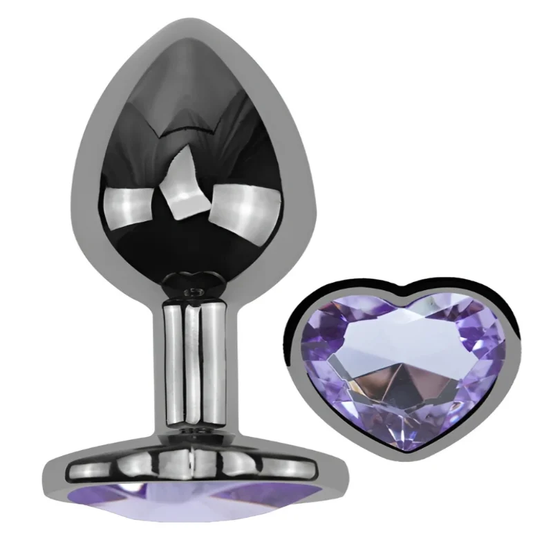 Анальная пробка EGZO Dark Silver Heart Plug с фиолетовым аметистом, размер S