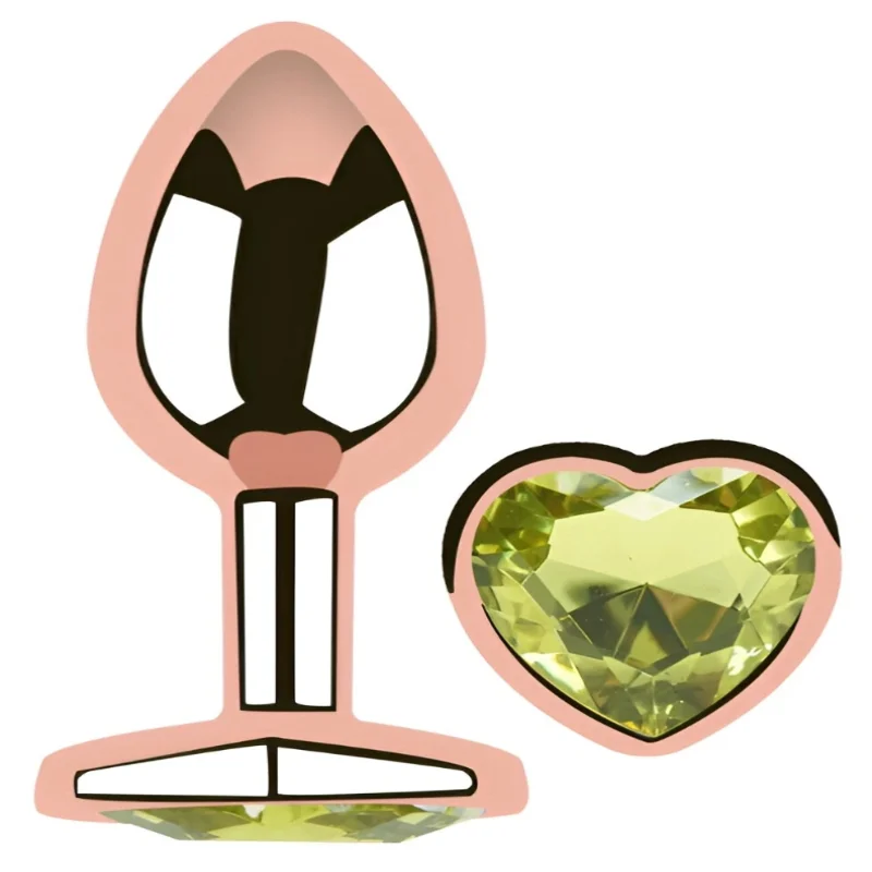 Анальная пробка EGZO Rose Gold Heart Plug S с лаймовым кристаллом, металлическая