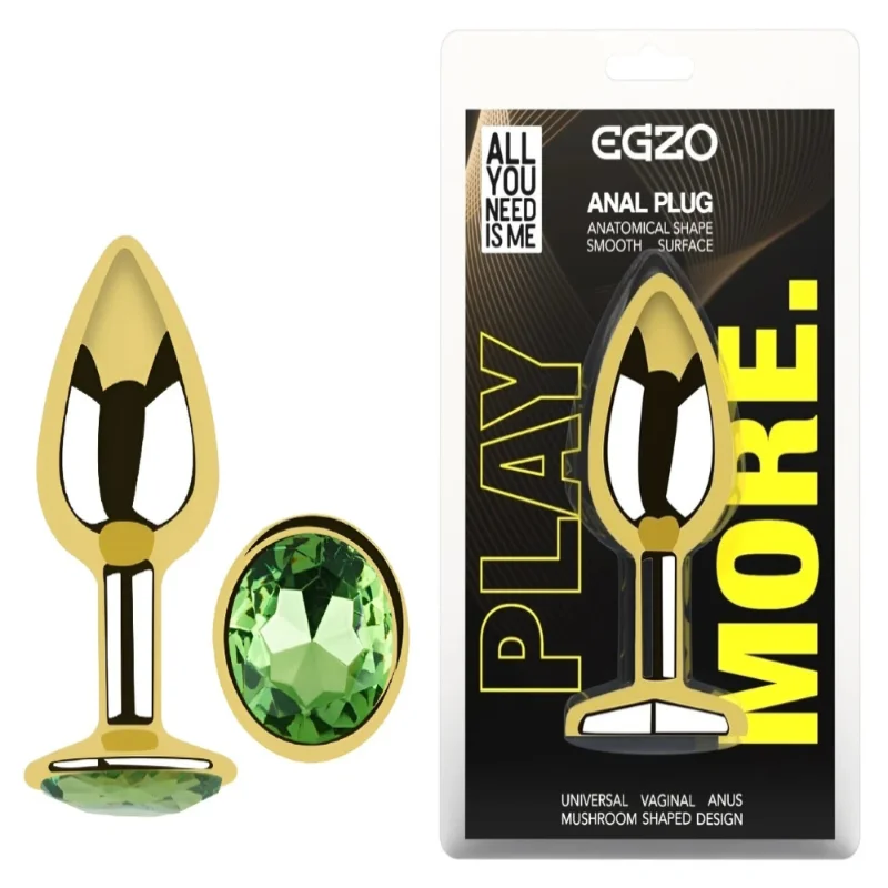 Анальная пробка EGZO Gold Round Plug S с зелёным кристаллом, металлическая для длительного ношения