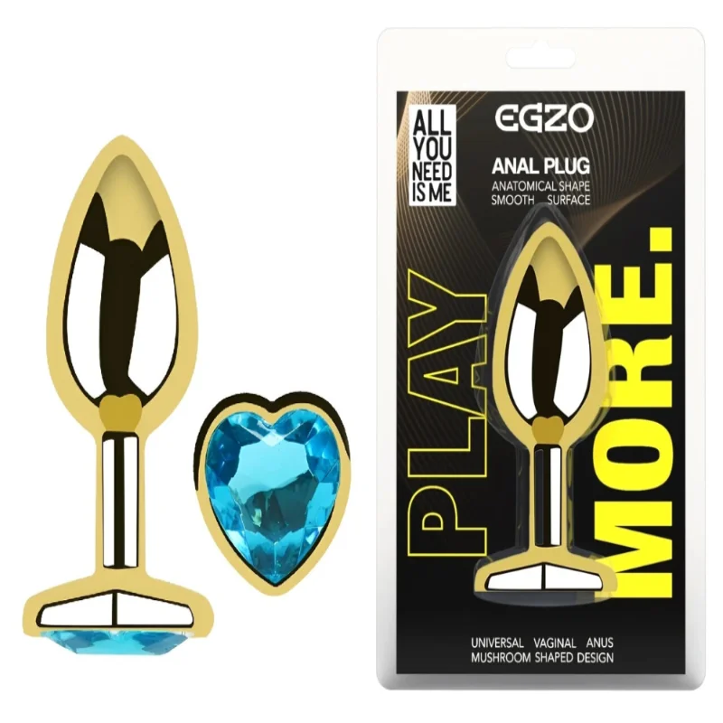 Анальная пробка Egzo Gold Heart Plug Aqua M с голубым кристаллом и широкой основой