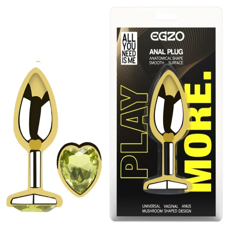 Анальная пробка Egzo Gold Heart Plug Lime S с кристаллом и сердечком