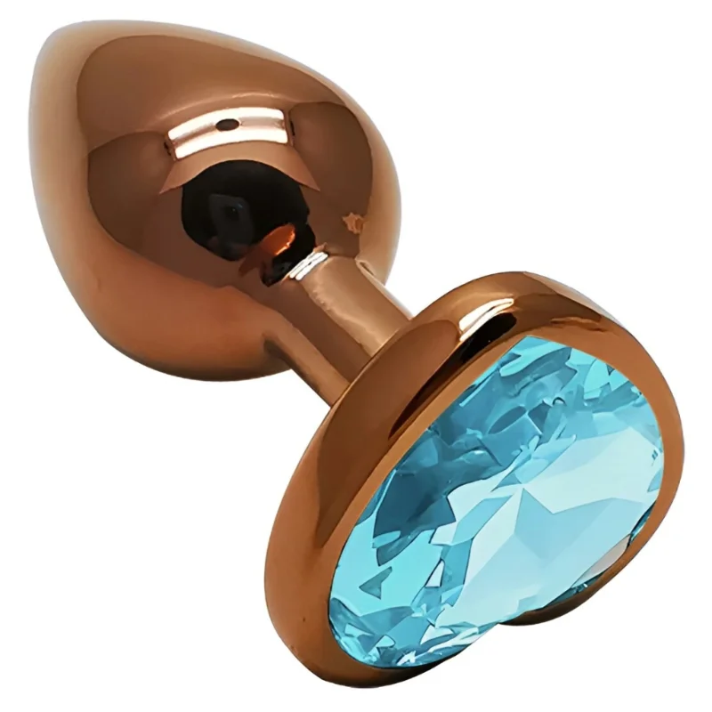 Анальная пробка EGZO Dark Gold Heart Plug Aqua S с голубым кристаллом, розовое золото