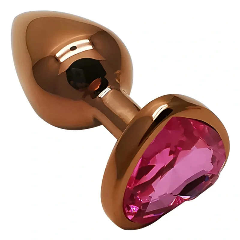 Анальная пробка EGZO Dark Gold Heart Plug Rose S, металлическая с розовым кристаллом