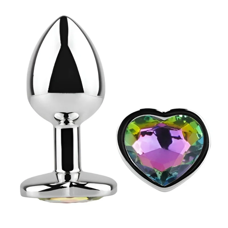 Анальная пробка EGZO Silver Heart Plug S из медицинской стали с радужным кристаллом-сердцем