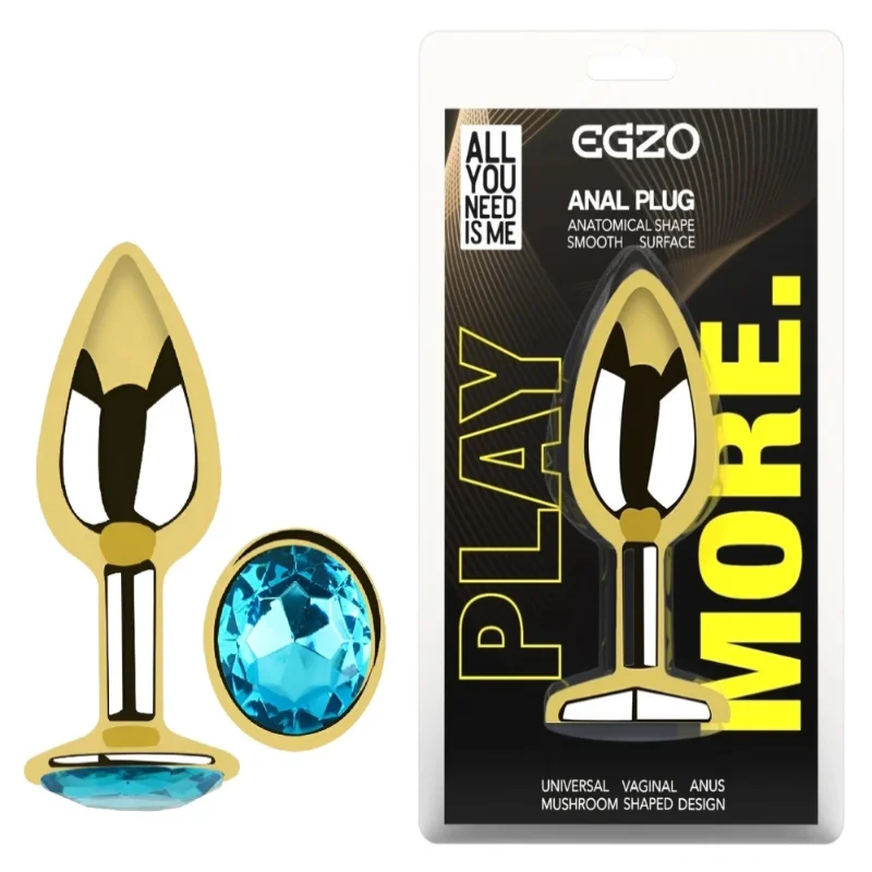 Анальная пробка EGZO Gold Round Plug Aqua S с голубым кристаллом, золотистая