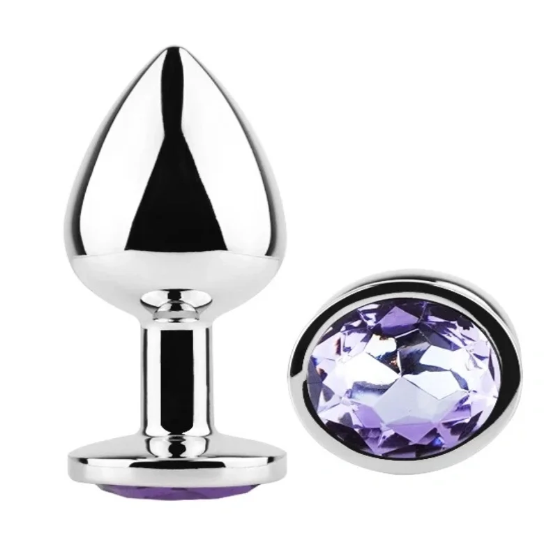 Анальная пробка EGZO Silver Round Plug S из нержавеющей стали, с аметистовым кристаллом, 70 мм