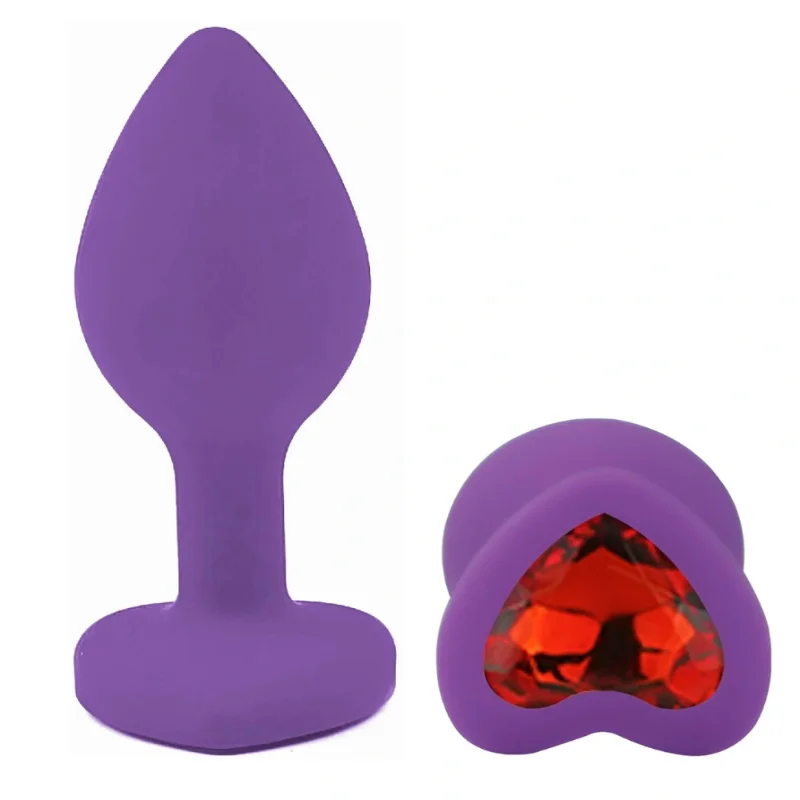 Анальная пробка EGZO Violet Heart Plug S, фиолетовая силиконовая с кристаллом