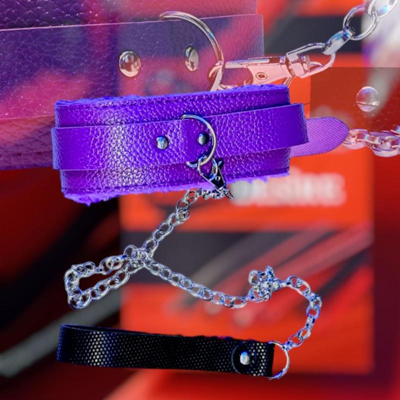 Мягкий фиолетовый ошейник "Love leash" с цепочкой-поводком и удобным черным держателем  Экокожа-металл