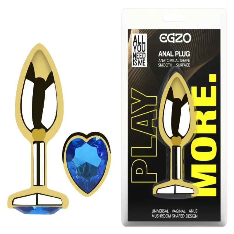Анальная пробка EGZO Gold Heart Plug M с синим кристаллом и золотым основанием