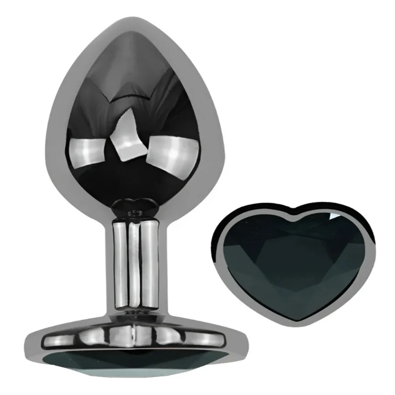 Анальная пробка EGZO Dark Silver Heart Plug S с кристаллом, металлическая, черная